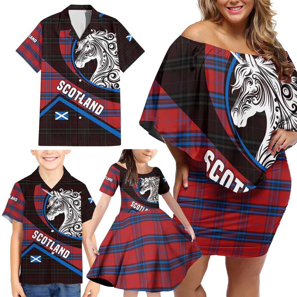 Scotland Family Matching Off Shoulder Short Dress and Hawaiian Shirt with Red Blue Tartan Pattern with Unicorn Illustration Saltire Flag and Where Tartan Meets Myth Quote Design - Wonder Print Shop