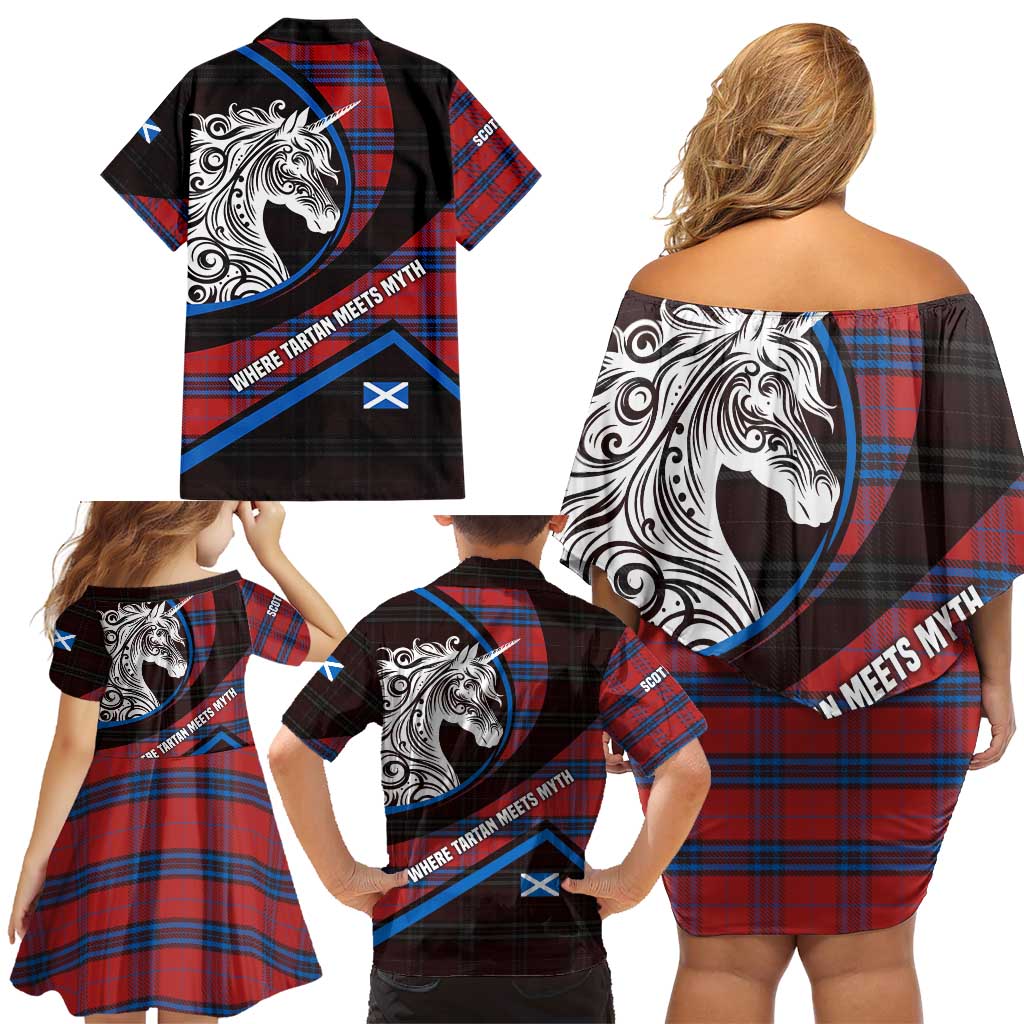 Scotland Family Matching Off Shoulder Short Dress and Hawaiian Shirt with Red Blue Tartan Pattern with Unicorn Illustration Saltire Flag and Where Tartan Meets Myth Quote Design - Wonder Print Shop