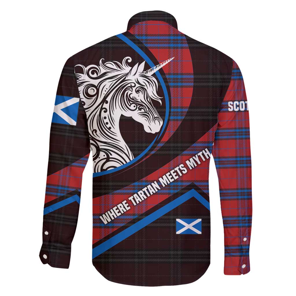 Scotland Family Matching Off Shoulder Short Dress and Hawaiian Shirt with Red Blue Tartan Pattern with Unicorn Illustration Saltire Flag and Where Tartan Meets Myth Quote Design - Wonder Print Shop