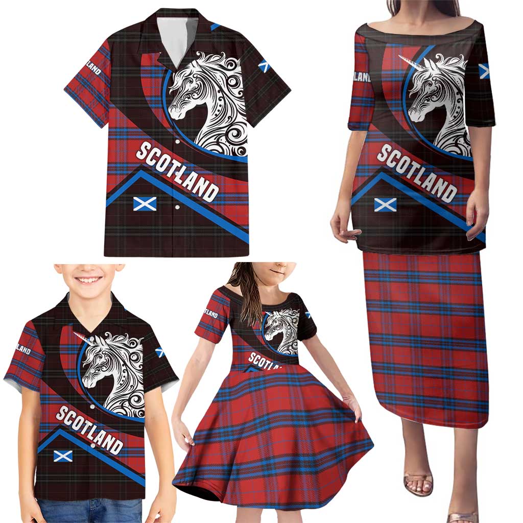 Scotland Family Matching Puletasi and Hawaiian Shirt with Red Blue Tartan Pattern with Unicorn Illustration Saltire Flag and Where Tartan Meets Myth Quote Design - Wonder Print Shop