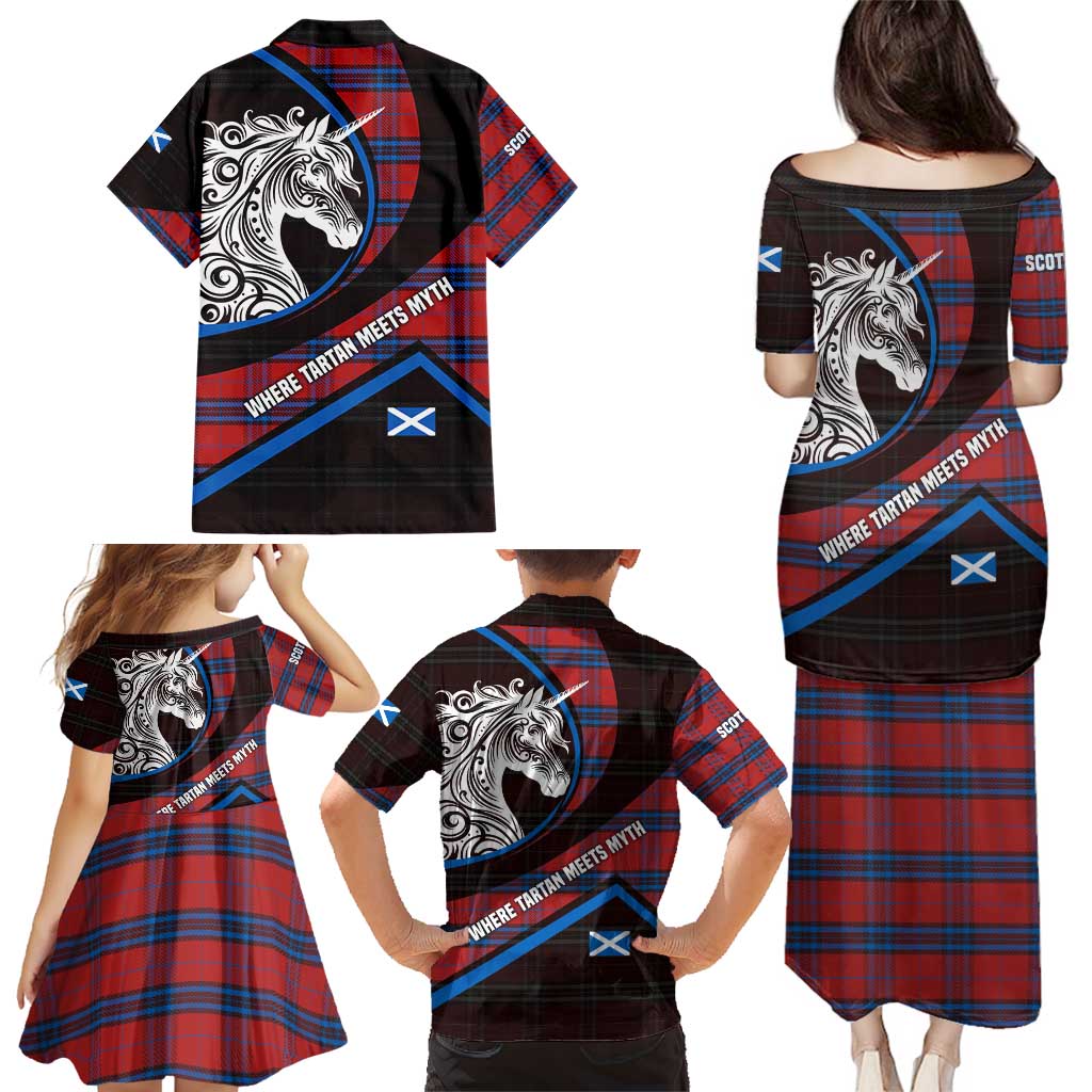 Scotland Family Matching Puletasi and Hawaiian Shirt with Red Blue Tartan Pattern with Unicorn Illustration Saltire Flag and Where Tartan Meets Myth Quote Design - Wonder Print Shop