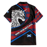 Scotland Family Matching Puletasi and Hawaiian Shirt with Red Blue Tartan Pattern with Unicorn Illustration Saltire Flag and Where Tartan Meets Myth Quote Design - Wonder Print Shop