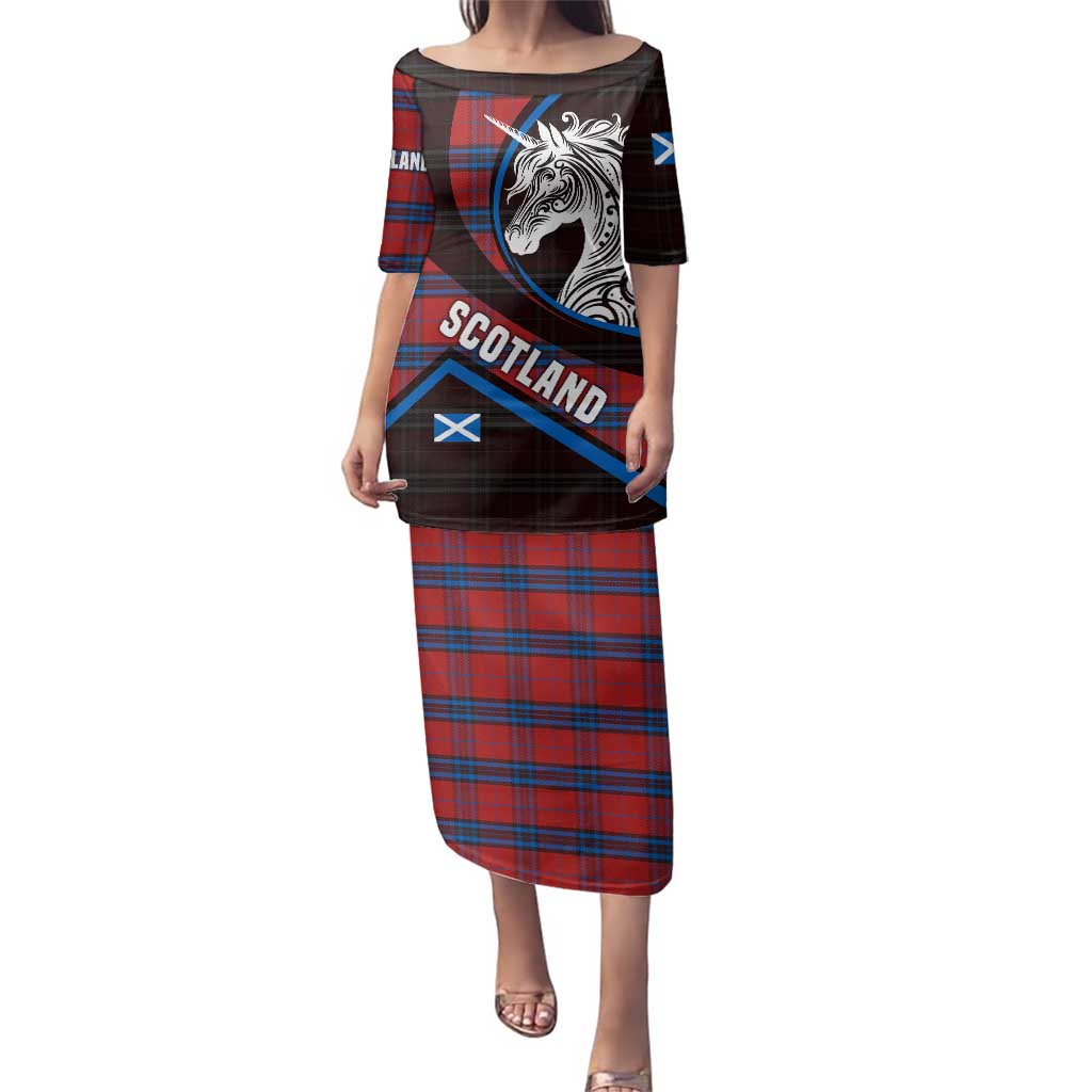 Scotland Family Matching Puletasi and Hawaiian Shirt with Red Blue Tartan Pattern with Unicorn Illustration Saltire Flag and Where Tartan Meets Myth Quote Design - Wonder Print Shop