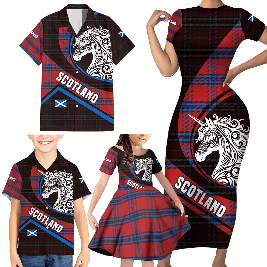 Scotland Family Matching Short Sleeve Bodycon Dress and Hawaiian Shirt with Red Blue Tartan Pattern with Unicorn Illustration Saltire Flag and Where Tartan Meets Myth Quote Design - Wonder Print Shop