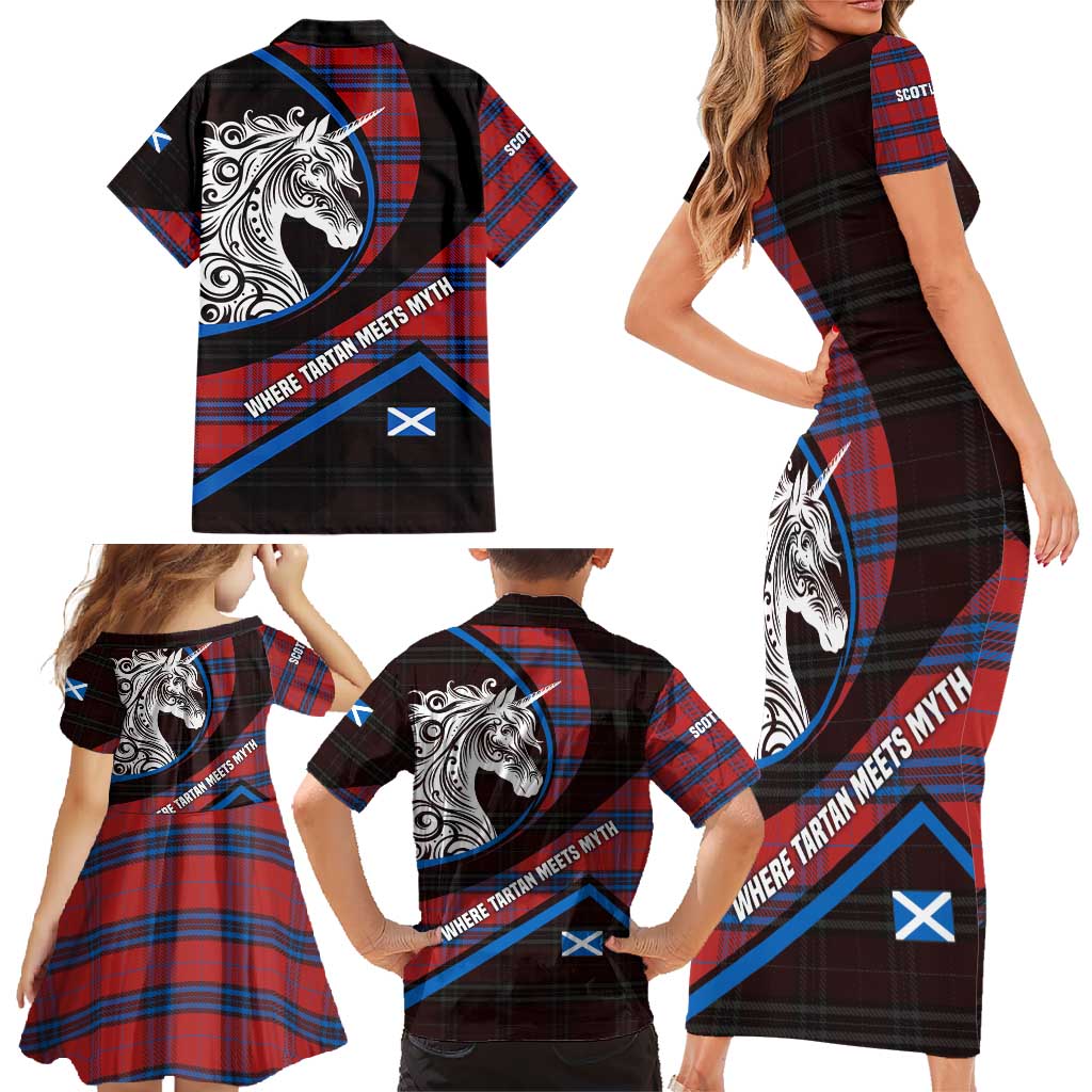 Scotland Family Matching Short Sleeve Bodycon Dress and Hawaiian Shirt with Red Blue Tartan Pattern with Unicorn Illustration Saltire Flag and Where Tartan Meets Myth Quote Design - Wonder Print Shop