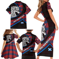 Scotland Family Matching Short Sleeve Bodycon Dress and Hawaiian Shirt with Red Blue Tartan Pattern with Unicorn Illustration Saltire Flag and Where Tartan Meets Myth Quote Design - Wonder Print Shop