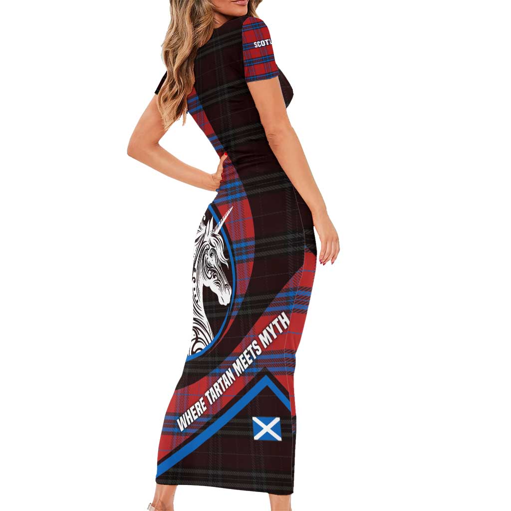Scotland Family Matching Short Sleeve Bodycon Dress and Hawaiian Shirt with Red Blue Tartan Pattern with Unicorn Illustration Saltire Flag and Where Tartan Meets Myth Quote Design - Wonder Print Shop