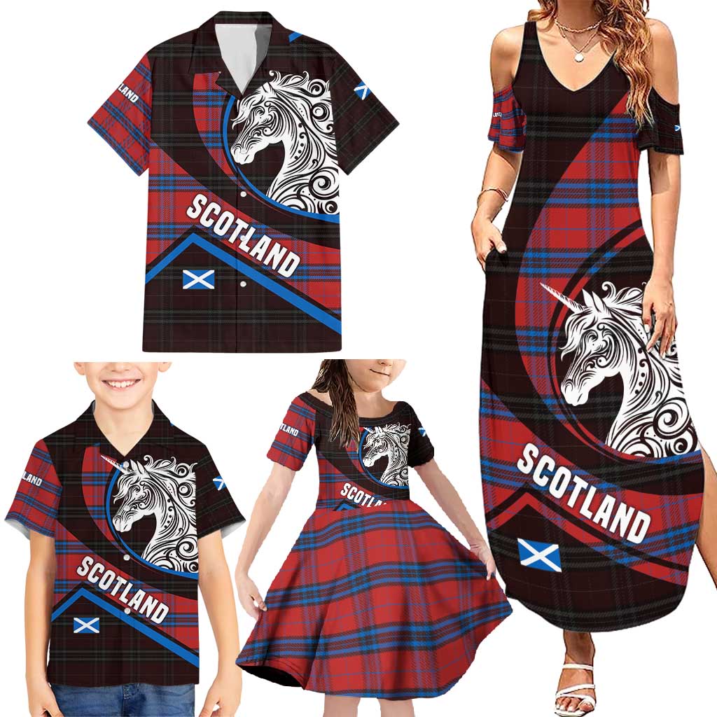 Scotland Family Matching Summer Maxi Dress and Hawaiian Shirt with Red Blue Tartan Pattern with Unicorn Illustration Saltire Flag and Where Tartan Meets Myth Quote Design - Wonder Print Shop