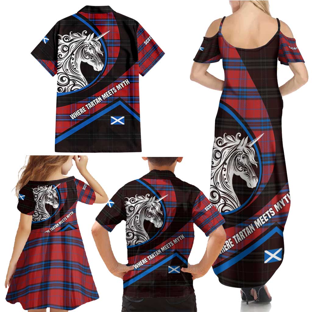 Scotland Family Matching Summer Maxi Dress and Hawaiian Shirt with Red Blue Tartan Pattern with Unicorn Illustration Saltire Flag and Where Tartan Meets Myth Quote Design - Wonder Print Shop