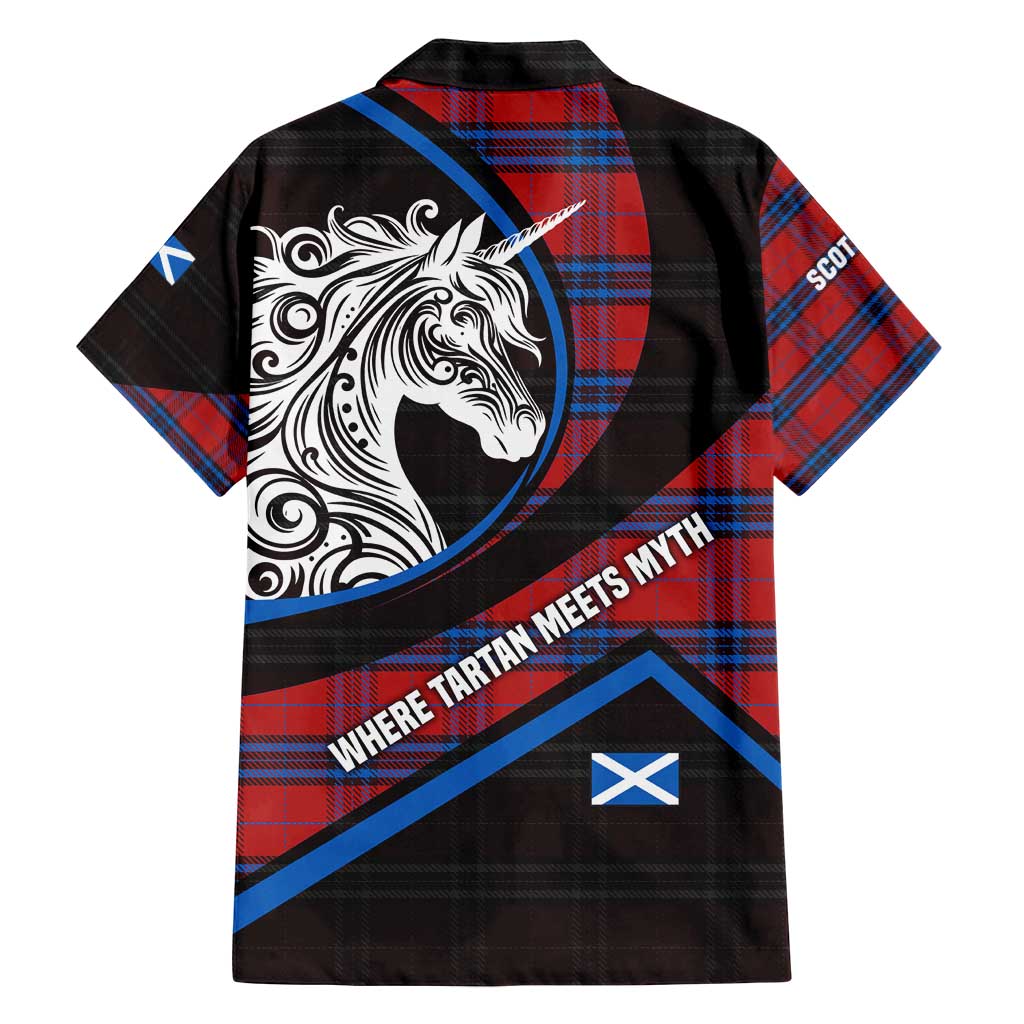 Scotland Family Matching Summer Maxi Dress and Hawaiian Shirt with Red Blue Tartan Pattern with Unicorn Illustration Saltire Flag and Where Tartan Meets Myth Quote Design - Wonder Print Shop