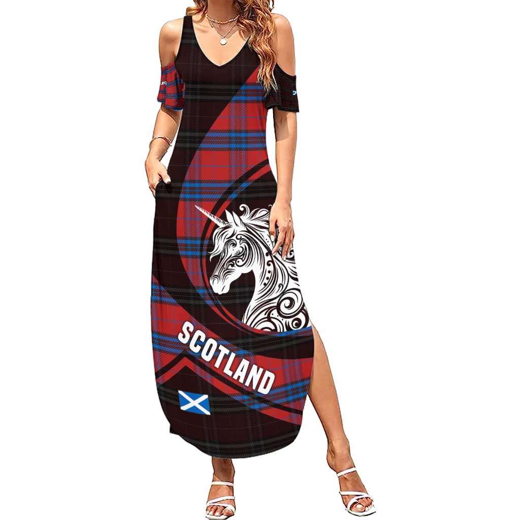 Scotland Family Matching Summer Maxi Dress and Hawaiian Shirt with Red Blue Tartan Pattern with Unicorn Illustration Saltire Flag and Where Tartan Meets Myth Quote Design - Wonder Print Shop