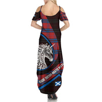 Scotland Family Matching Summer Maxi Dress and Hawaiian Shirt with Red Blue Tartan Pattern with Unicorn Illustration Saltire Flag and Where Tartan Meets Myth Quote Design - Wonder Print Shop