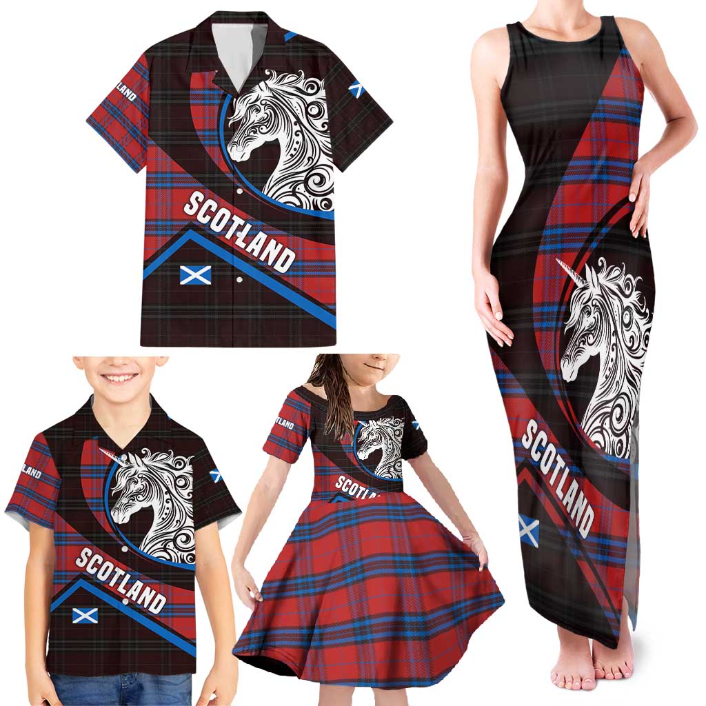 Scotland Family Matching Tank Maxi Dress and Hawaiian Shirt with Red Blue Tartan Pattern with Unicorn Illustration Saltire Flag and Where Tartan Meets Myth Quote Design - Wonder Print Shop
