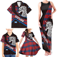Scotland Family Matching Tank Maxi Dress and Hawaiian Shirt with Red Blue Tartan Pattern with Unicorn Illustration Saltire Flag and Where Tartan Meets Myth Quote Design - Wonder Print Shop