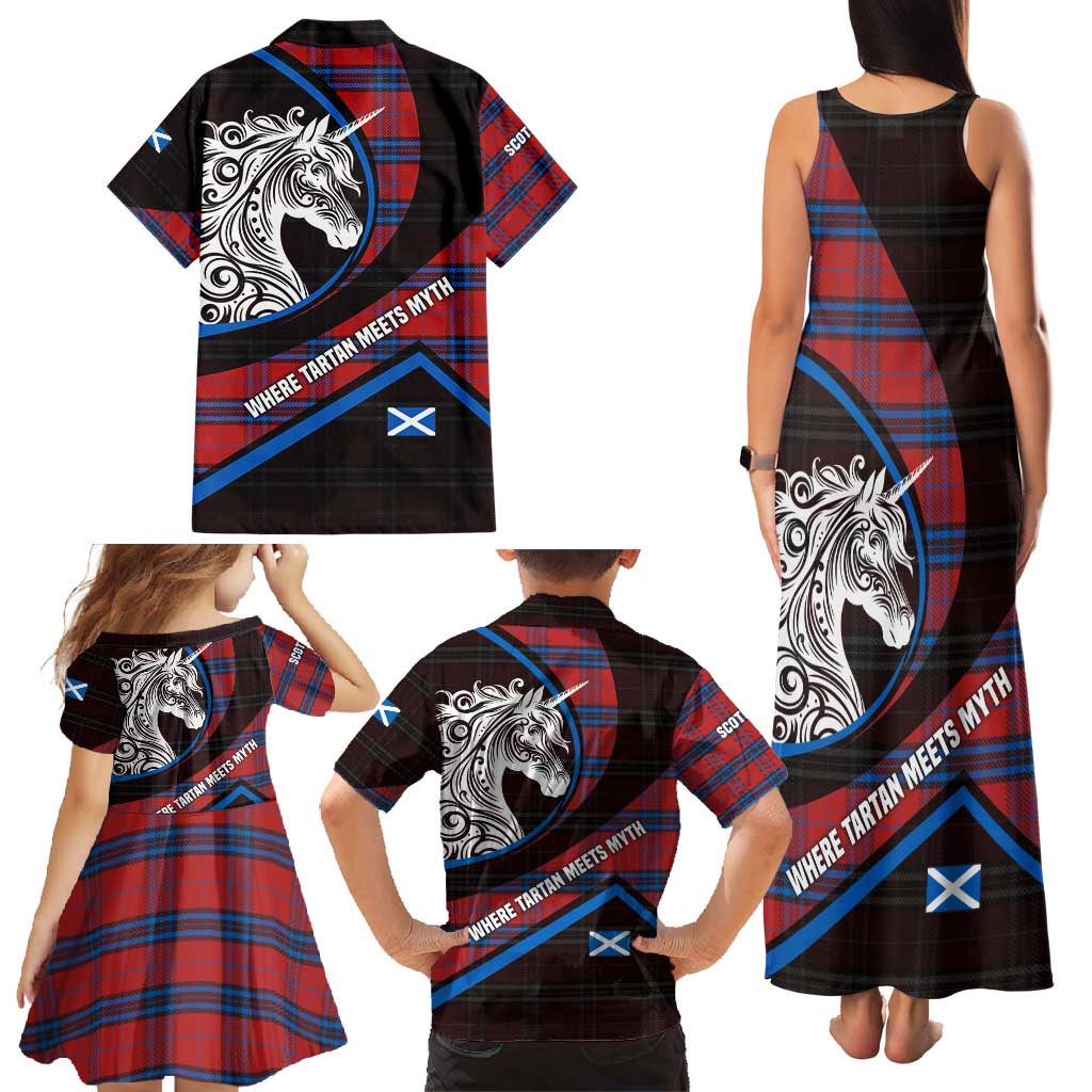 Scotland Family Matching Tank Maxi Dress and Hawaiian Shirt with Red Blue Tartan Pattern with Unicorn Illustration Saltire Flag and Where Tartan Meets Myth Quote Design - Wonder Print Shop