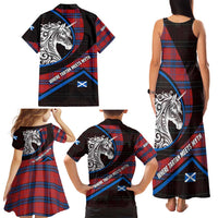 Scotland Family Matching Tank Maxi Dress and Hawaiian Shirt with Red Blue Tartan Pattern with Unicorn Illustration Saltire Flag and Where Tartan Meets Myth Quote Design - Wonder Print Shop