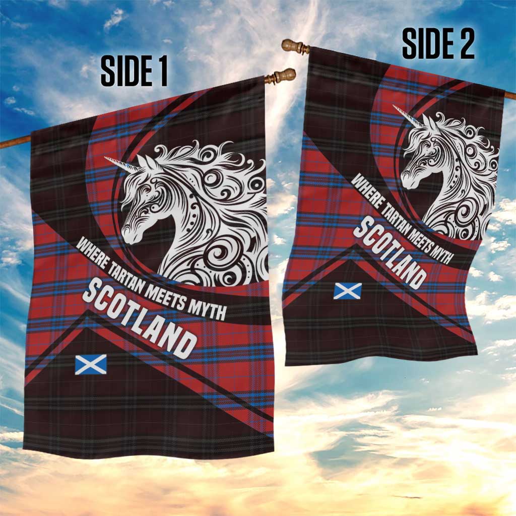 Scotland Garden Flag with Red Blue Tartan Pattern with Unicorn Illustration Saltire Flag and Where Tartan Meets Myth Quote Design - Wonder Print Shop