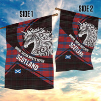 Scotland Garden Flag with Red Blue Tartan Pattern with Unicorn Illustration Saltire Flag and Where Tartan Meets Myth Quote Design - Wonder Print Shop