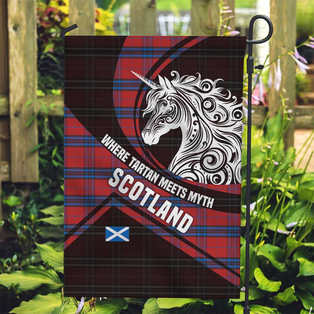 Scotland Garden Flag with Red Blue Tartan Pattern with Unicorn Illustration Saltire Flag and Where Tartan Meets Myth Quote Design - Wonder Print Shop