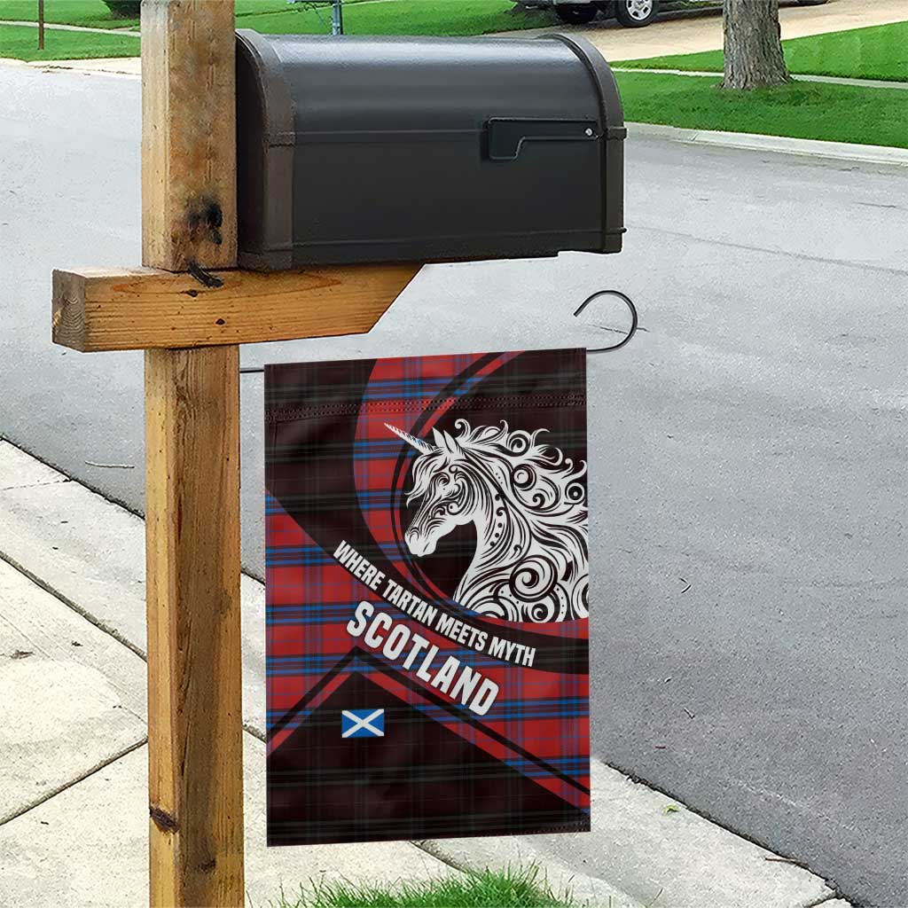 Scotland Garden Flag with Red Blue Tartan Pattern with Unicorn Illustration Saltire Flag and Where Tartan Meets Myth Quote Design - Wonder Print Shop