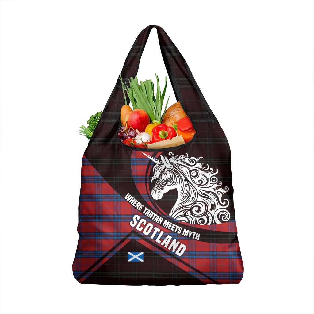 Scotland Grocery Bag with Red Blue Tartan Pattern with Unicorn Illustration Saltire Flag and Where Tartan Meets Myth Quote Design - Wonder Print Shop