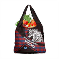 Scotland Grocery Bag with Red Blue Tartan Pattern with Unicorn Illustration Saltire Flag and Where Tartan Meets Myth Quote Design - Wonder Print Shop