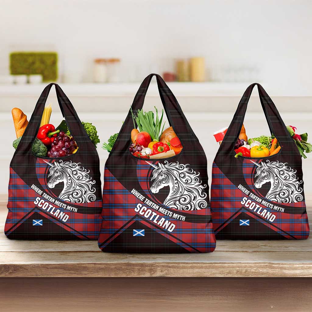 Scotland Grocery Bag with Red Blue Tartan Pattern with Unicorn Illustration Saltire Flag and Where Tartan Meets Myth Quote Design - Wonder Print Shop