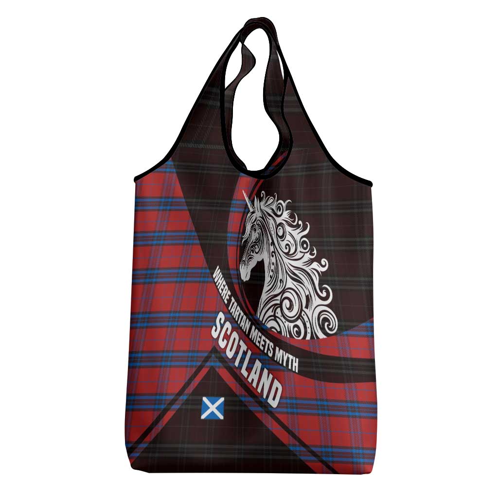 Scotland Grocery Bag with Red Blue Tartan Pattern with Unicorn Illustration Saltire Flag and Where Tartan Meets Myth Quote Design - Wonder Print Shop