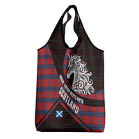 Scotland Grocery Bag with Red Blue Tartan Pattern with Unicorn Illustration Saltire Flag and Where Tartan Meets Myth Quote Design - Wonder Print Shop