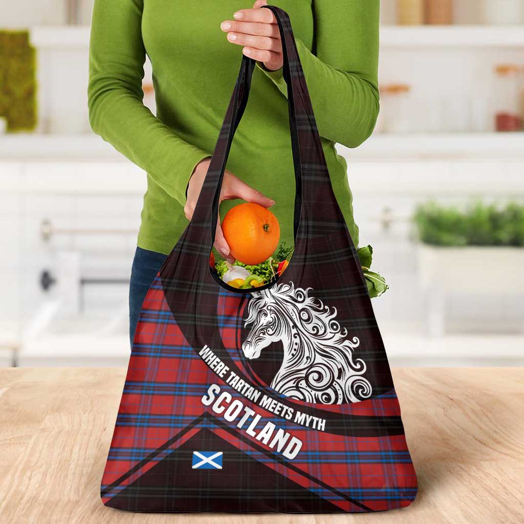 Scotland Grocery Bag with Red Blue Tartan Pattern with Unicorn Illustration Saltire Flag and Where Tartan Meets Myth Quote Design - Wonder Print Shop
