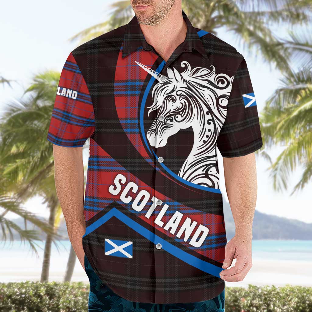 Scotland Hawaiian Shirt with Red Blue Tartan Pattern with Unicorn Illustration Saltire Flag and Where Tartan Meets Myth Quote Design - Wonder Print Shop