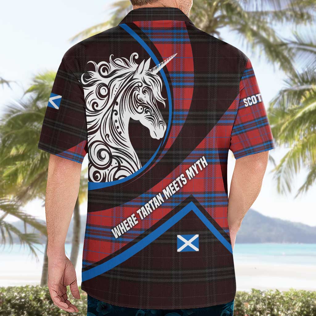 Scotland Hawaiian Shirt with Red Blue Tartan Pattern with Unicorn Illustration Saltire Flag and Where Tartan Meets Myth Quote Design - Wonder Print Shop