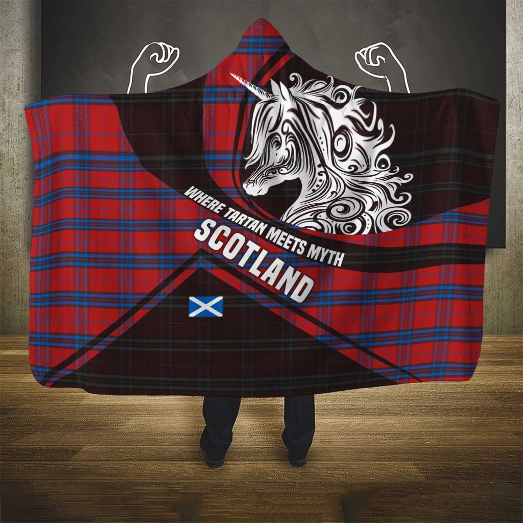 Scotland Hooded Blanket with Red Blue Tartan Pattern with Unicorn Illustration Saltire Flag and Where Tartan Meets Myth Quote Design - Wonder Print Shop