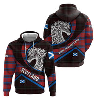Scotland Hoodie with Red Blue Tartan Pattern with Unicorn Illustration Saltire Flag and Where Tartan Meets Myth Quote Design - Wonder Print Shop