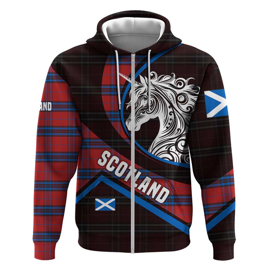Scotland Hoodie with Red Blue Tartan Pattern with Unicorn Illustration Saltire Flag and Where Tartan Meets Myth Quote Design - Wonder Print Shop