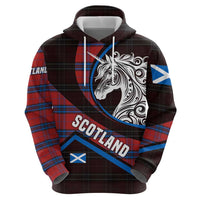 Scotland Hoodie with Red Blue Tartan Pattern with Unicorn Illustration Saltire Flag and Where Tartan Meets Myth Quote Design - Wonder Print Shop