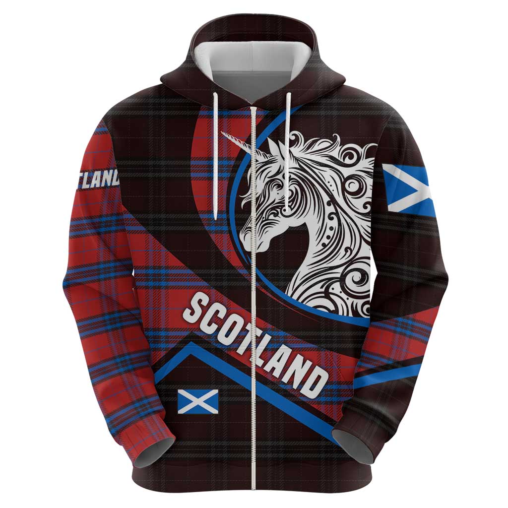 Scotland Hoodie with Red Blue Tartan Pattern with Unicorn Illustration Saltire Flag and Where Tartan Meets Myth Quote Design - Wonder Print Shop