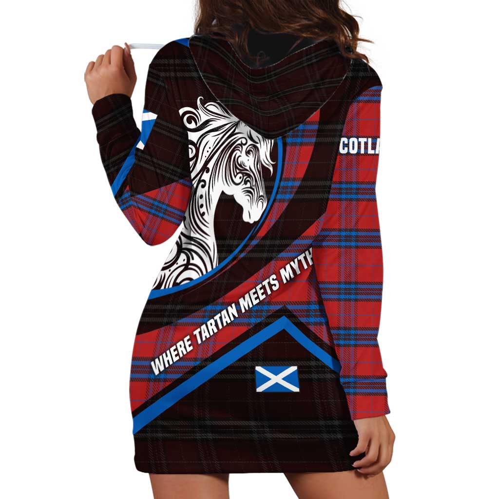 Scotland Hoodie Dress with Red Blue Tartan Pattern with Unicorn Illustration Saltire Flag and Where Tartan Meets Myth Quote Design - Wonder Print Shop