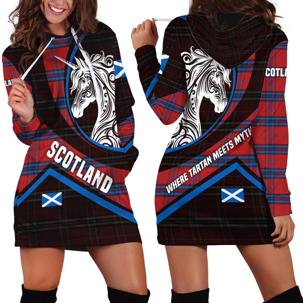 Scotland Hoodie Dress with Red Blue Tartan Pattern with Unicorn Illustration Saltire Flag and Where Tartan Meets Myth Quote Design - Wonder Print Shop