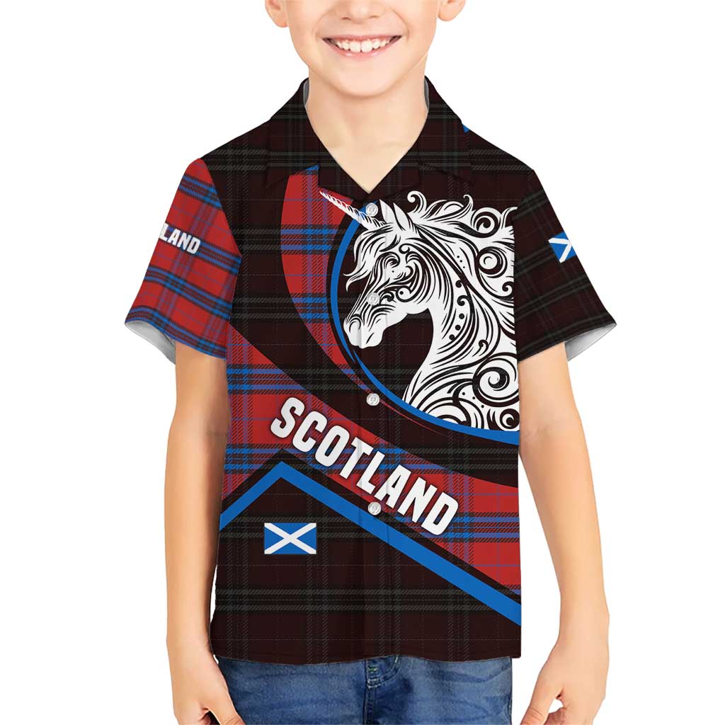 Scotland Kid Hawaiian Shirt with Red Blue Tartan Pattern with Unicorn Illustration Saltire Flag and Where Tartan Meets Myth Quote Design - Wonder Print Shop
