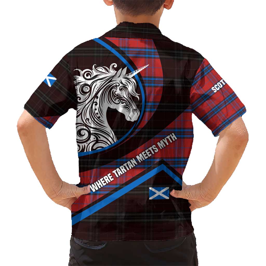Scotland Kid Hawaiian Shirt with Red Blue Tartan Pattern with Unicorn Illustration Saltire Flag and Where Tartan Meets Myth Quote Design - Wonder Print Shop
