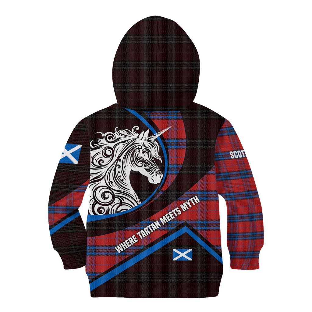 Scotland Kid Hoodie with Red Blue Tartan Pattern with Unicorn Illustration Saltire Flag and Where Tartan Meets Myth Quote Design - Wonder Print Shop