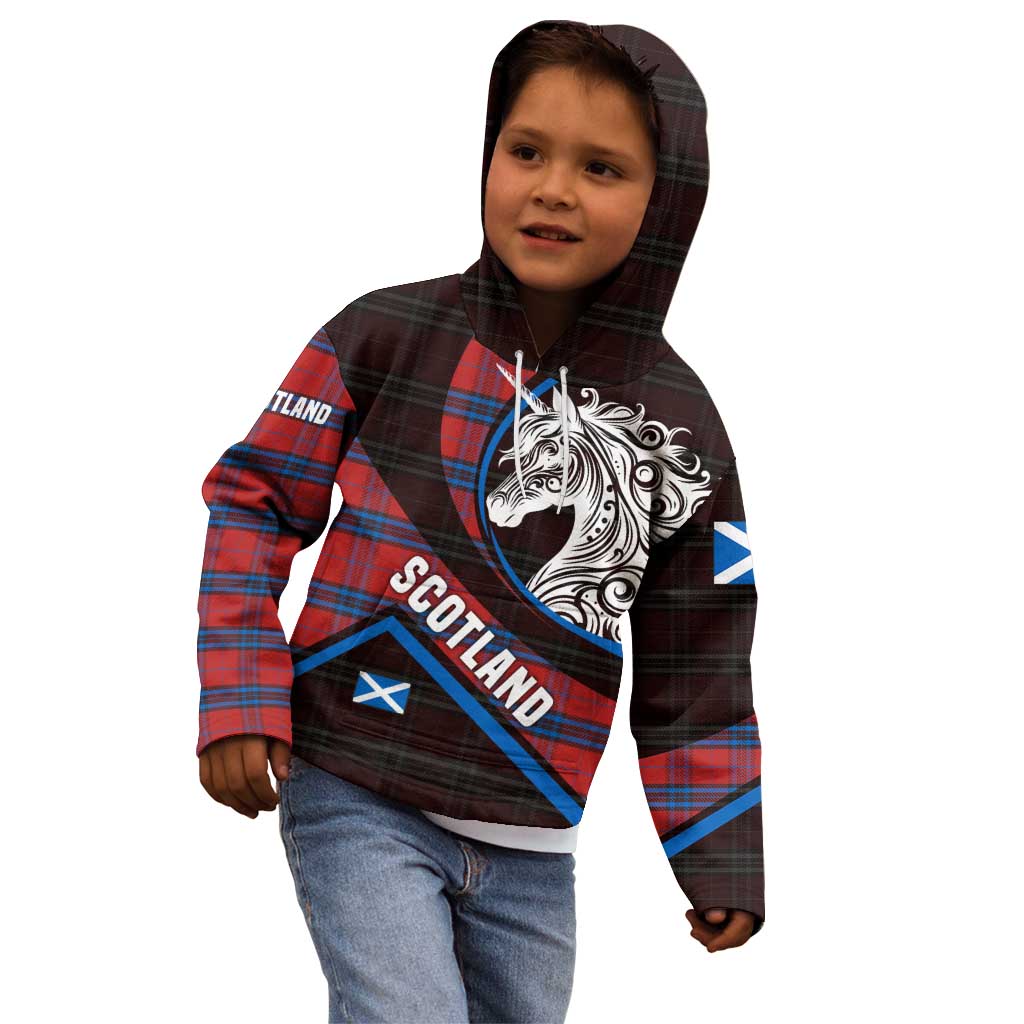 Scotland Kid Hoodie with Red Blue Tartan Pattern with Unicorn Illustration Saltire Flag and Where Tartan Meets Myth Quote Design - Wonder Print Shop