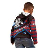 Scotland Kid Hoodie with Red Blue Tartan Pattern with Unicorn Illustration Saltire Flag and Where Tartan Meets Myth Quote Design - Wonder Print Shop