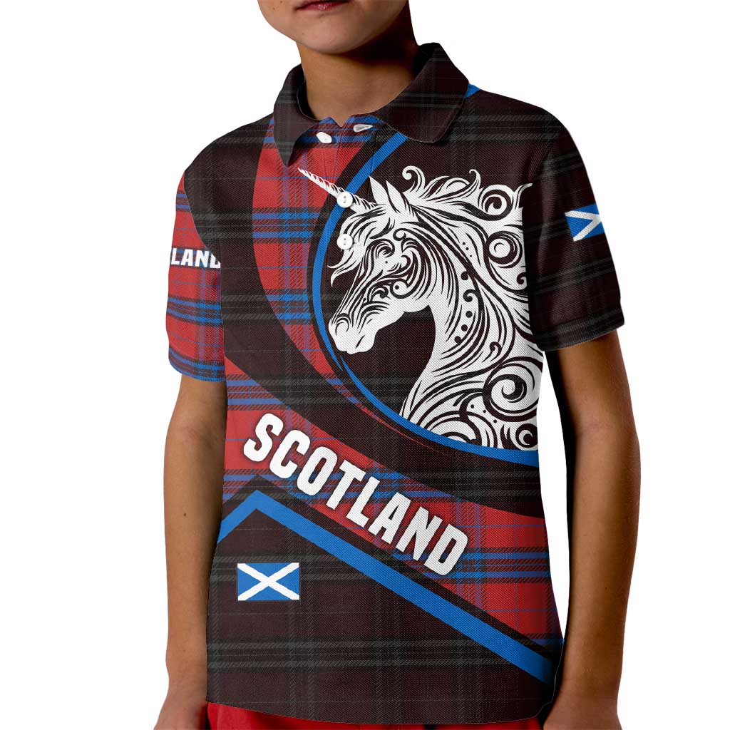 Scotland Kid Polo Shirt with Red Blue Tartan Pattern with Unicorn Illustration Saltire Flag and Where Tartan Meets Myth Quote Design - Wonder Print Shop