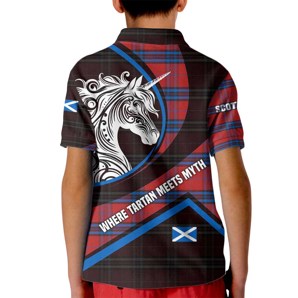Scotland Kid Polo Shirt with Red Blue Tartan Pattern with Unicorn Illustration Saltire Flag and Where Tartan Meets Myth Quote Design - Wonder Print Shop