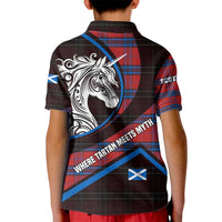 Scotland Kid Polo Shirt with Red Blue Tartan Pattern with Unicorn Illustration Saltire Flag and Where Tartan Meets Myth Quote Design - Wonder Print Shop