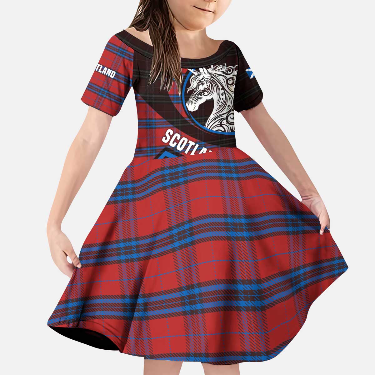Scotland Kid Short Sleeve Dress with Red Blue Tartan Pattern with Unicorn Illustration Saltire Flag and Where Tartan Meets Myth Quote Design - Wonder Print Shop