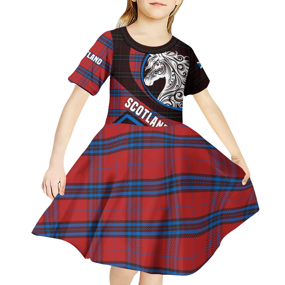 Scotland Kid Short Sleeve Dress with Red Blue Tartan Pattern with Unicorn Illustration Saltire Flag and Where Tartan Meets Myth Quote Design - Wonder Print Shop