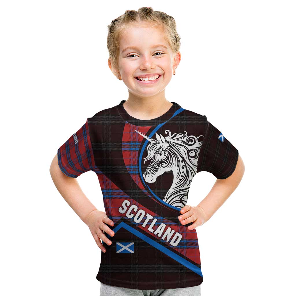 Scotland Kid T Shirt with Red Blue Tartan Pattern with Unicorn Illustration Saltire Flag and Where Tartan Meets Myth Quote Design - Wonder Print Shop